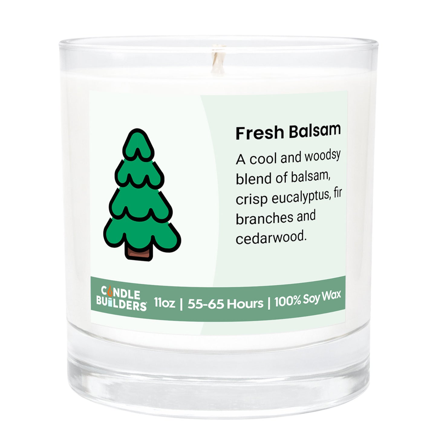 Candle labeled 'Fresh Balsam' with a tree icon on a white background. 11oz Tumbler Candle made with pure american soy wax.