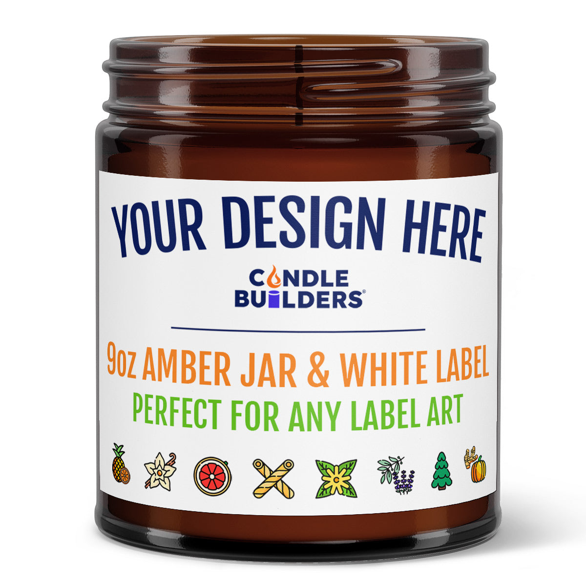 Image of a 9oz amber candle jar with a customizable label showing the full color options.