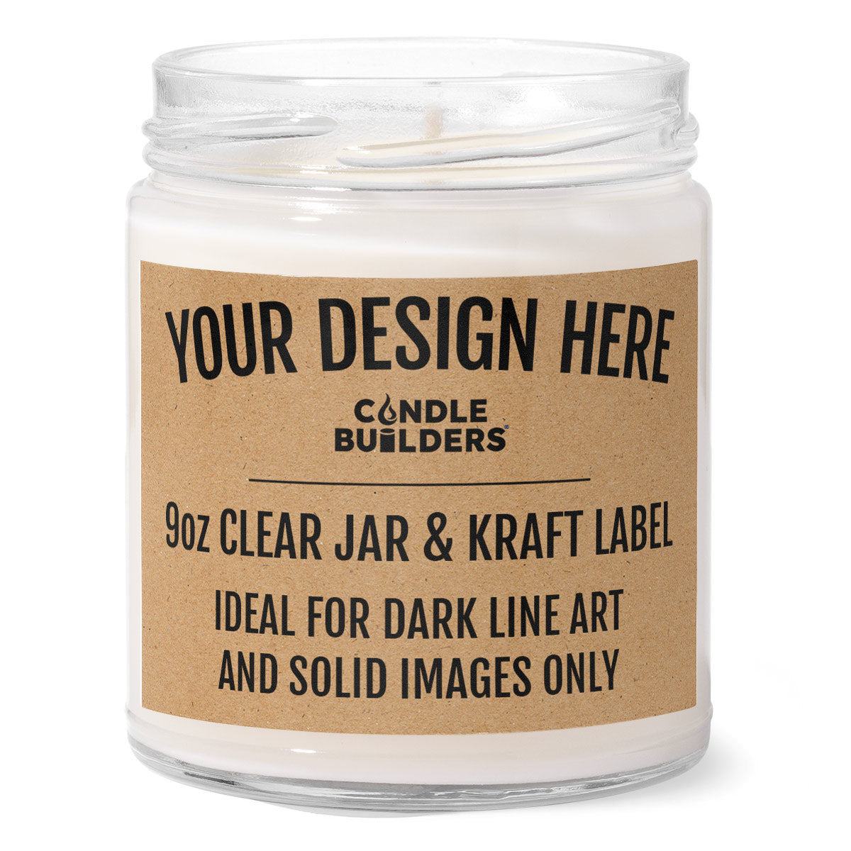 9oz Clear Jar Candle with a Kraft Label on it. The image displays how the customizable Kraft label will look when drop shipped to your customer