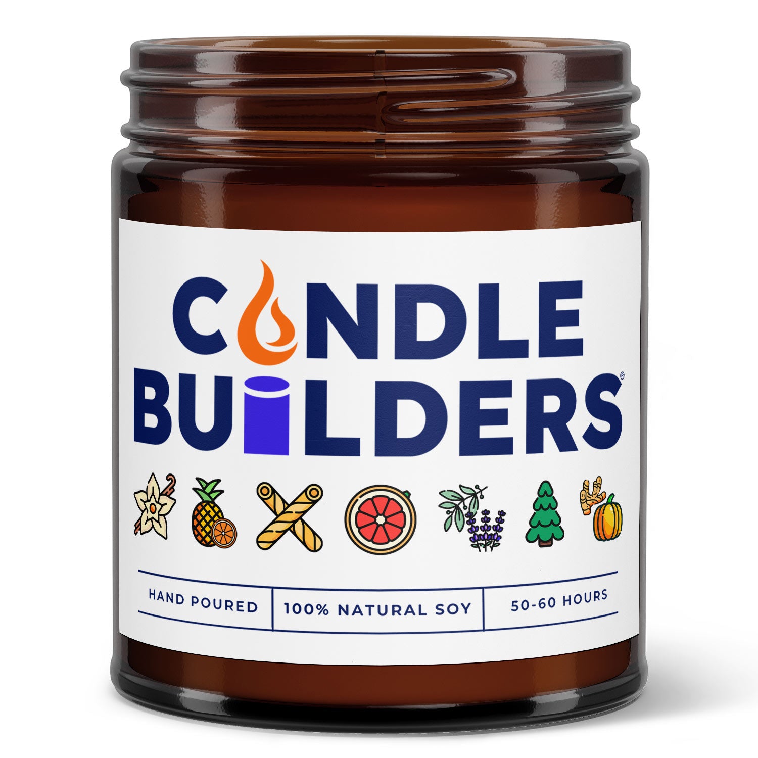 Wholesale Private Label Candles: 9oz Amber Jar With A White Label. Displays a mockup of how our private label candles looks with your own branded label on the jar. Has no lid in the photo, but different colored lid options are available for our 9oz candles.