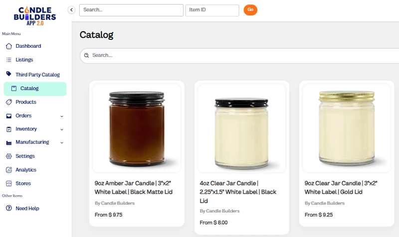 Candle builder App 2.0 Home Page Screen. Shows cangle to select for private label and drop shipping
