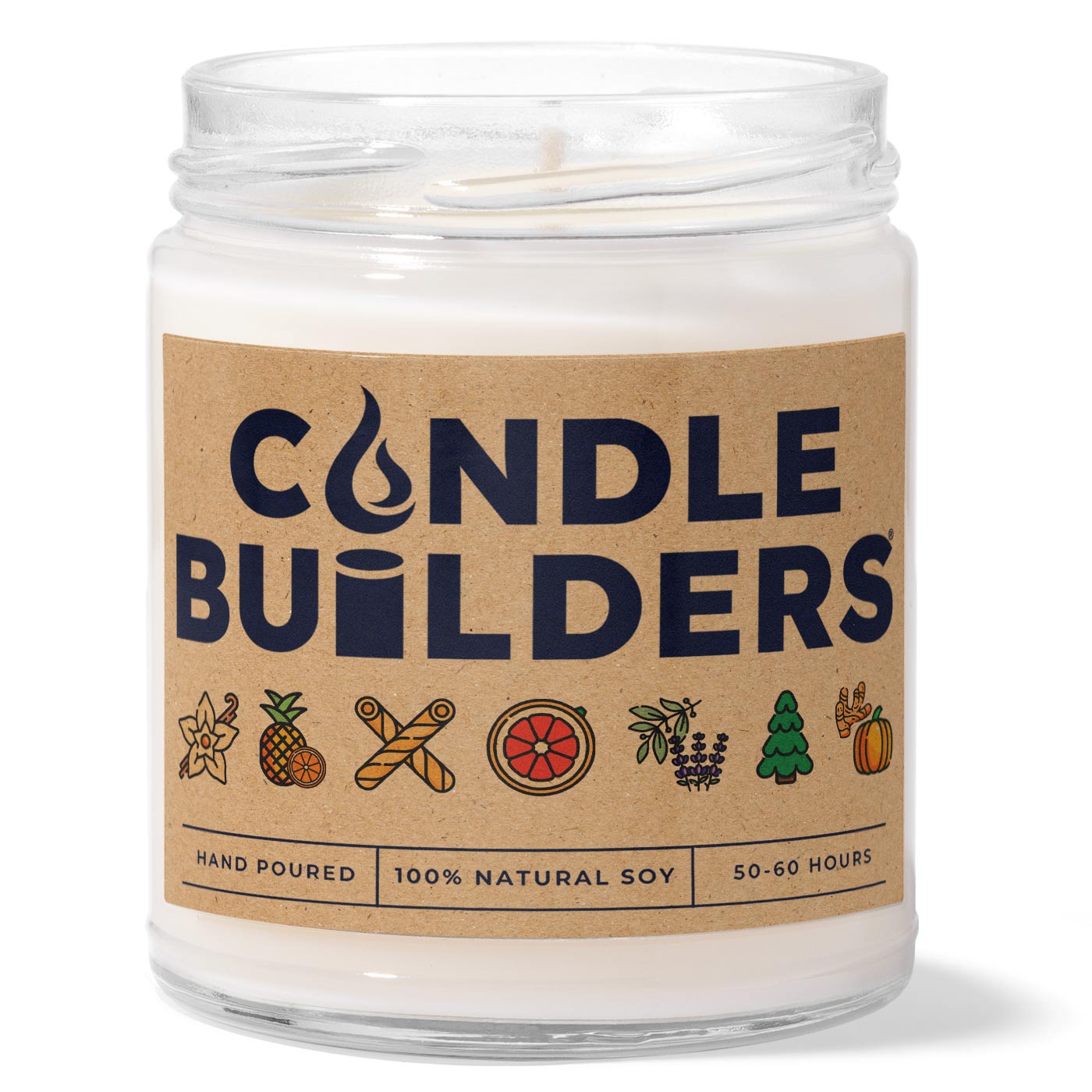 Wholesale Private Label Candles: 9oz Clear Jar With A Kraft Label. Displays a mockup of how our private label candles looks with your own branded label on the jar. Has no lid in the photo, but different colored lid options are available for our 9oz candles.