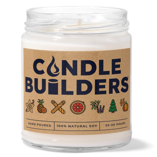 Wholesale Private Label Candles: 9oz Clear  Jar With A Kraft Label. Displays a mockup of how our private label candles looks with your own branded label on the jar. Has no lid in the photo, but different colored lid options are available for our 9oz candles.