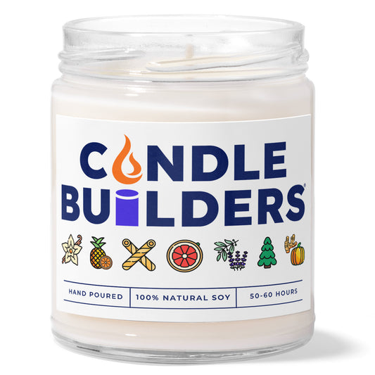 Wholesale Private Label Candles: 9oz Clear  Jar With A White Label. Displays a mockup of how our private label candles looks with your own branded label on the jar. Has no lid in the photo, but different colored lid options are available for our 9oz candles.