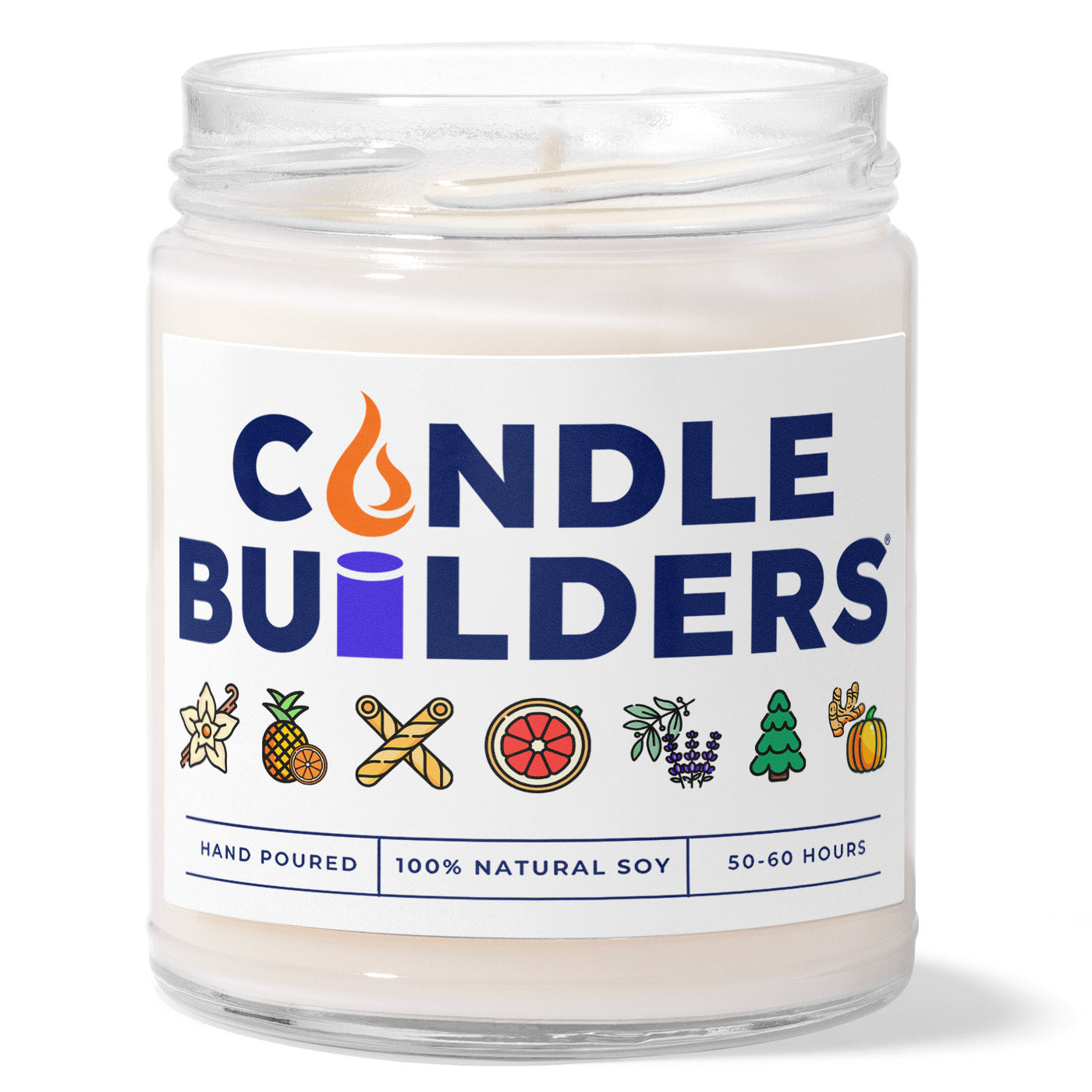 Wholesale Private Label Candles: 9oz Clear Jar With A White Label. Displays a mockup of how our private label candles looks with your own branded label on the jar. Has no lid in the photo, but different colored lid options are available for our 9oz candles.