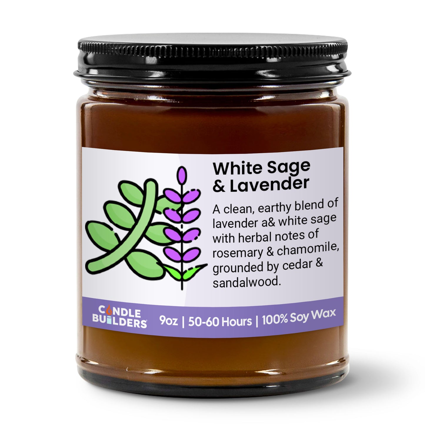 Jar of White Sage & Lavender candle with label on a white background