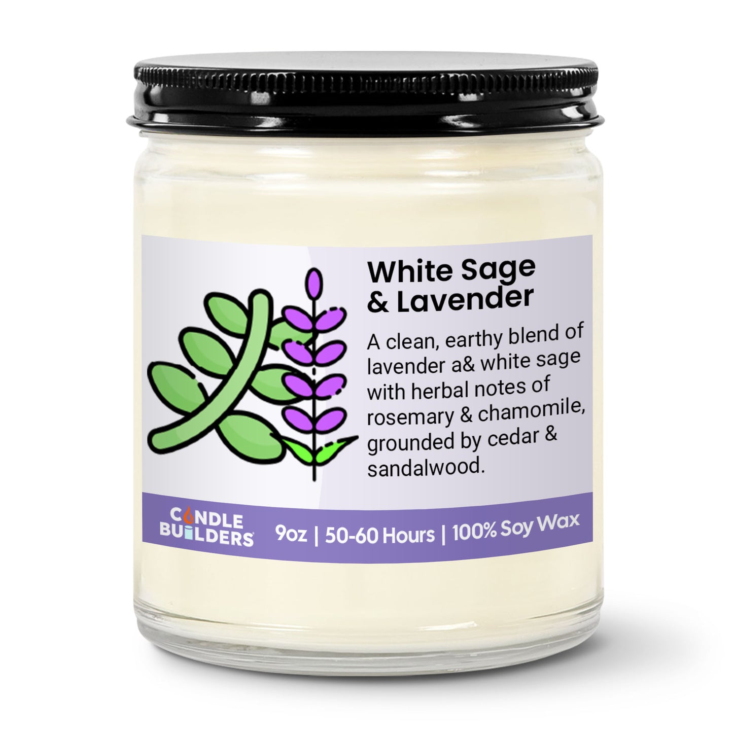 White Sage & Lavender candle in a glass jar with a black lid on a white background