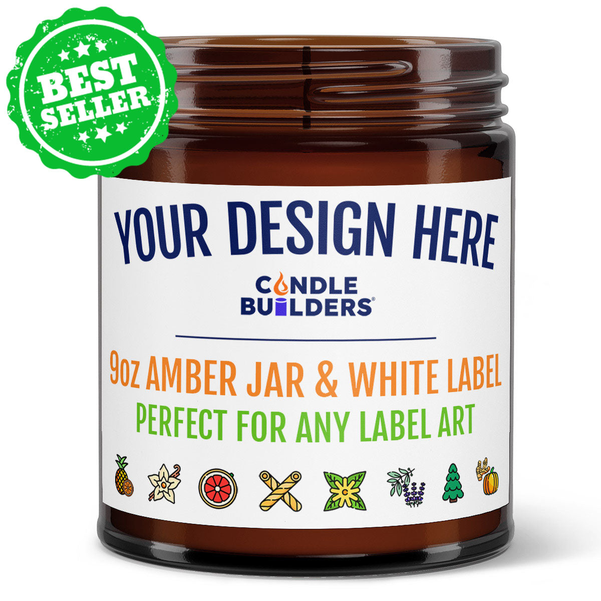 Best Seller - Image of a 9oz amber candle jar with a customizable label showing the full color options.