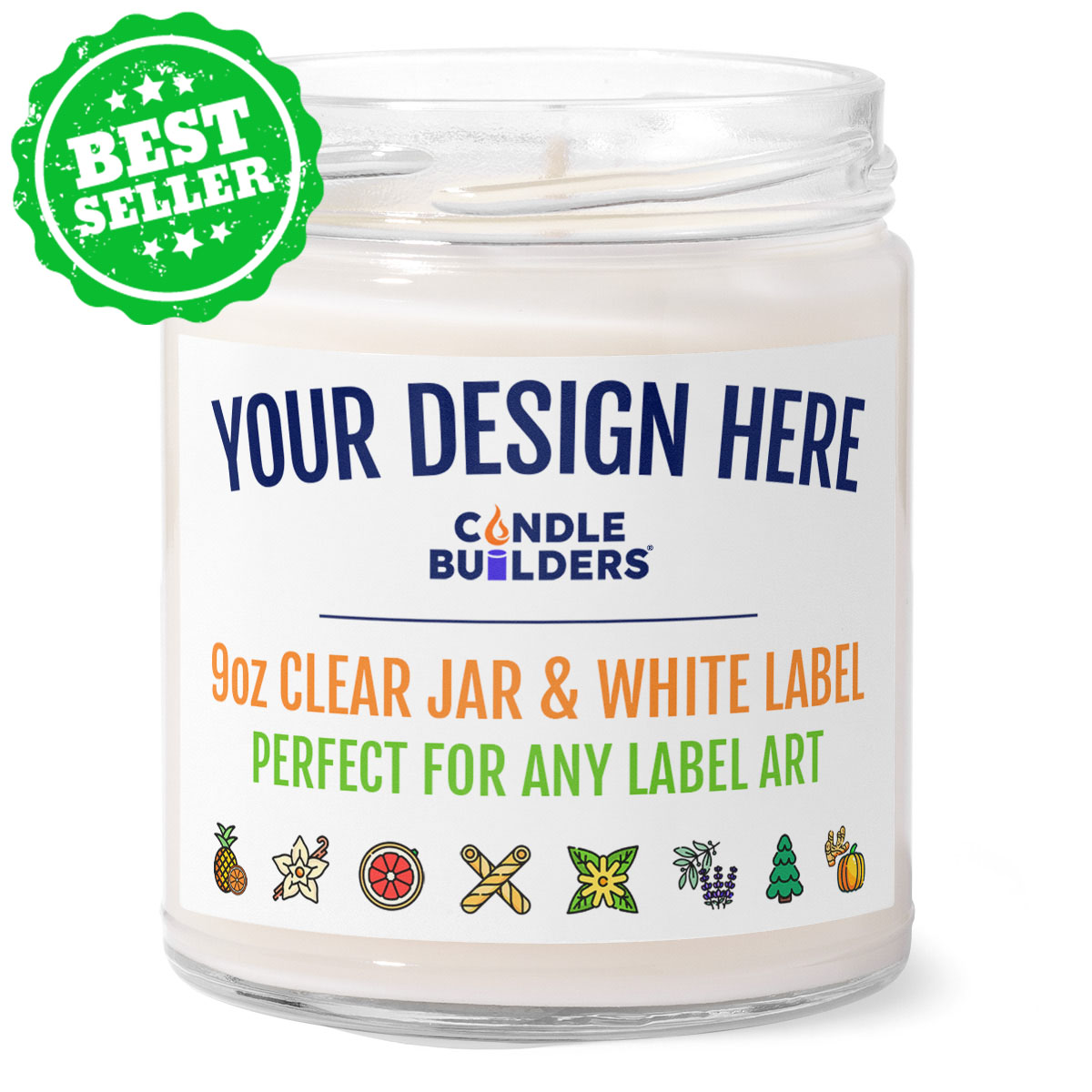 Best Seller - Image of a 9oz clear candle jar with a customizable label showing the full color options.