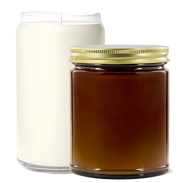 Wholesale No Label Candles showing a 13.75oz candle and an amber 9oz candle. neither have any labels on them.