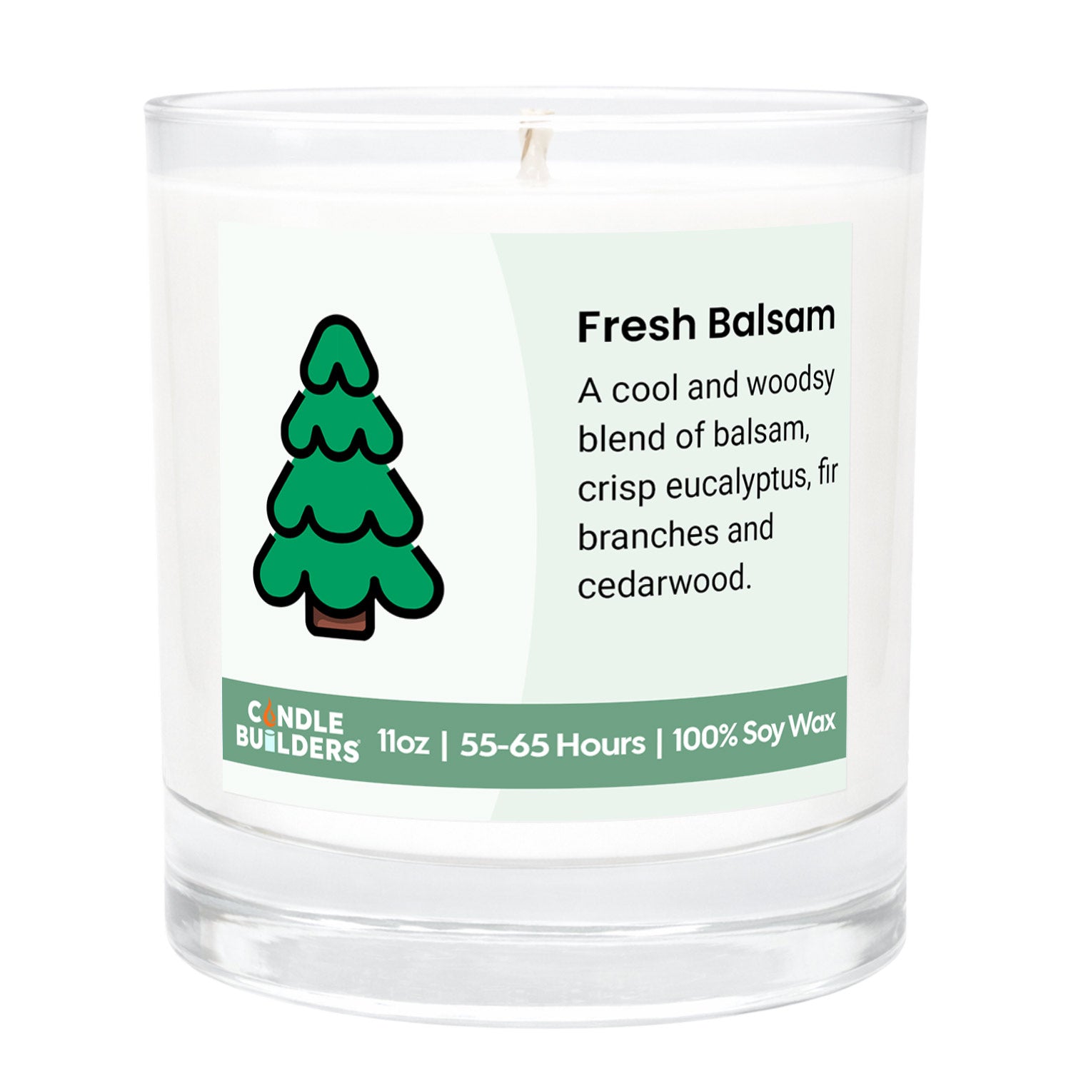Candle labeled 'Fresh Balsam' with a tree icon on a white background. 11oz Tumbler Candle made with pure american soy wax.