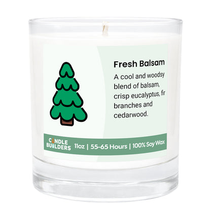 Candle labeled 'Fresh Balsam' with a tree icon on a white background. 11oz Tumbler Candle made with pure american soy wax.