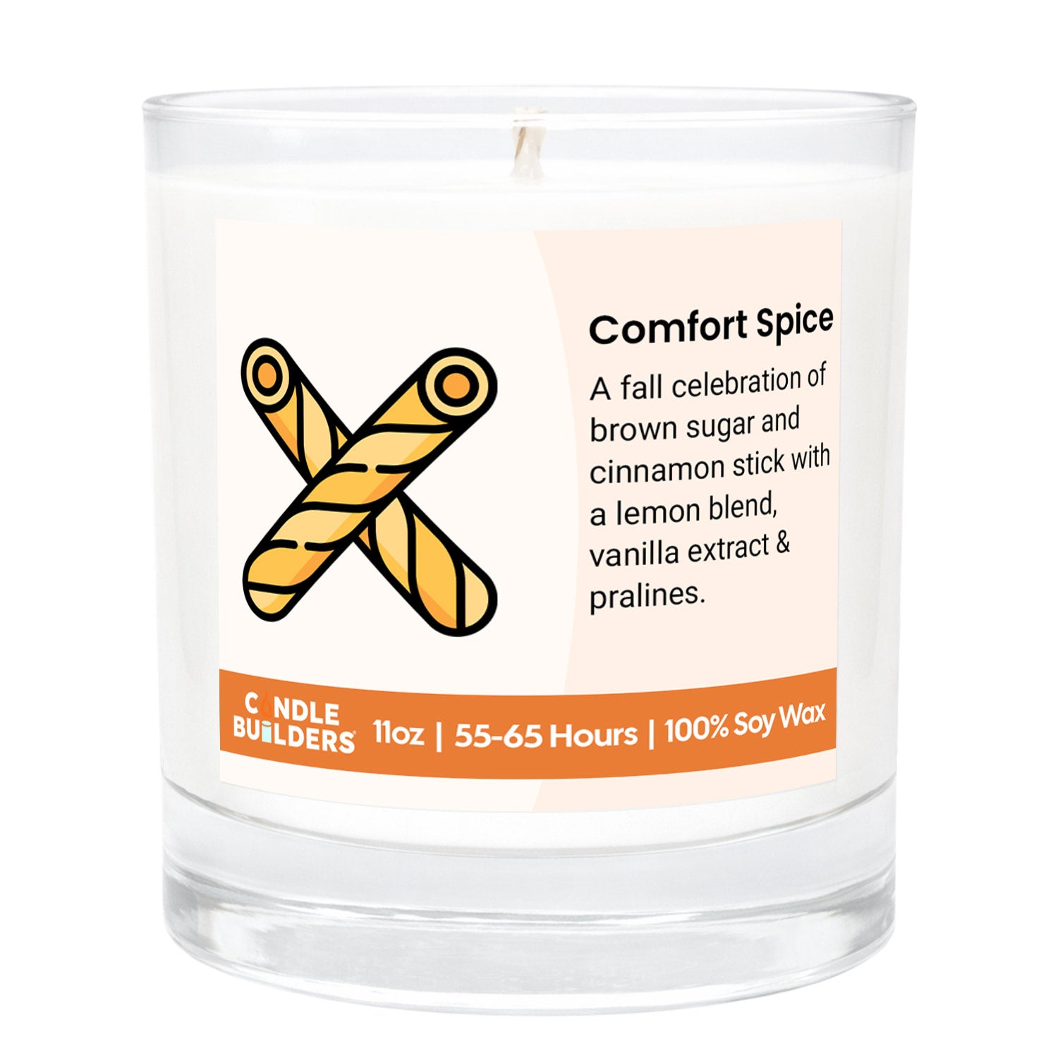 Candle with a label describing the scent and details, on a white background.  11oz Tumbler Candle made with pure american soy wax.