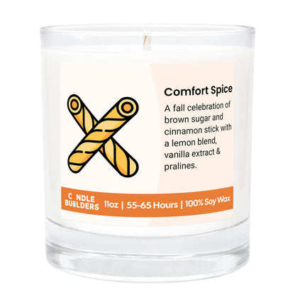 Candle with a label describing the scent and details, on a white background.  11oz Tumbler Candle made with pure american soy wax.