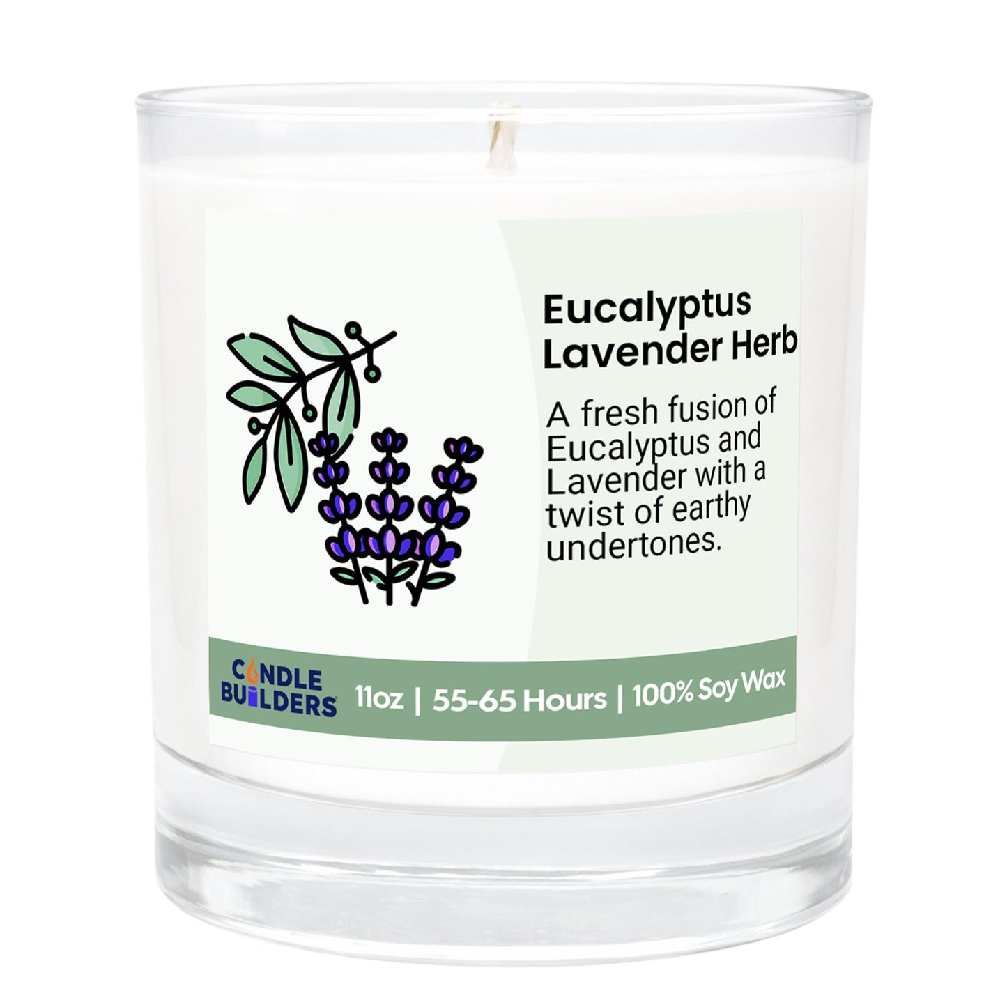 Candle with Eucalyptus Lavender Herb label on a white background.  11oz Tumbler Candle made with pure american soy wax.