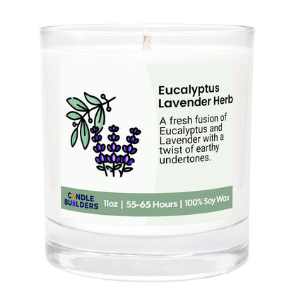 Candle with Eucalyptus Lavender Herb label on a white background.  11oz Tumbler Candle made with pure american soy wax.