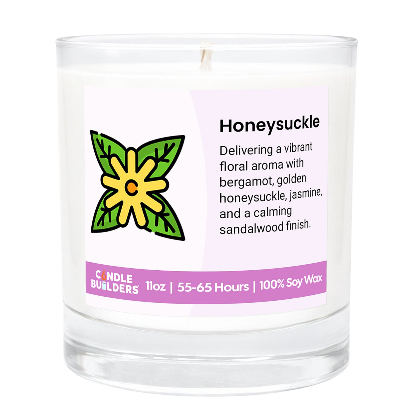 Candle with 'Honeysuckle' label and description on a white background.  11oz Tumbler Candle made with pure american soy wax.