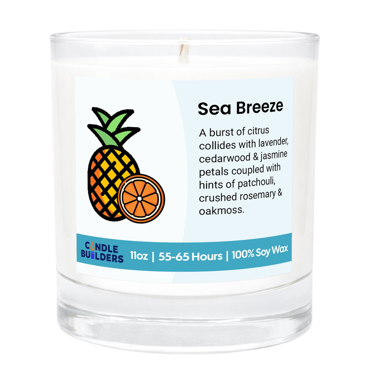 Candle with 'Sea Breeze' label featuring a pineapple and orange design on a white background.  11oz Tumbler Candle made with pure american soy wax.