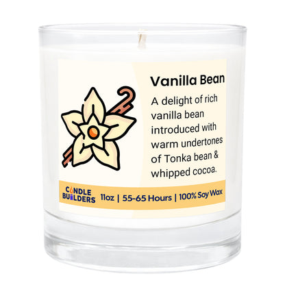 Vanilla bean candle with a label on a white background. 11oz Tumbler Candle made with pure american soy wax.