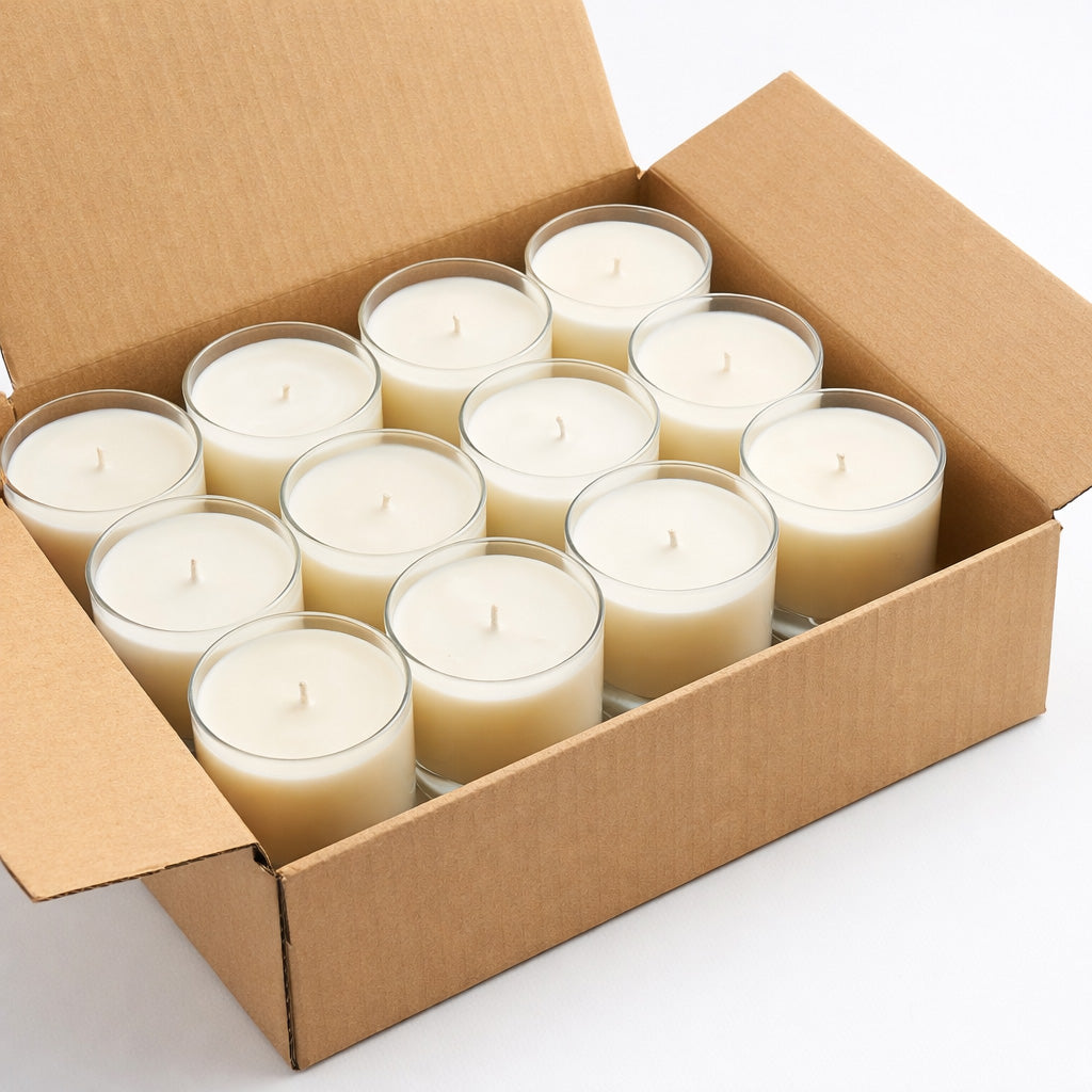 12 pack of 11oz tumbler candles in a brown packaging box. The box is open, showing the tops of all the candles. 