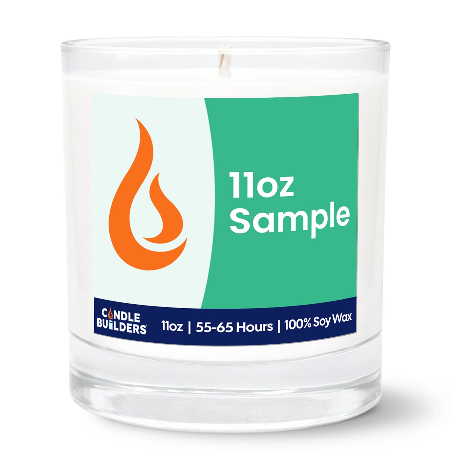 Clear glass candle with a label indicating 11oz sample size on a white background. Sample candle available for you to inspect our quality.