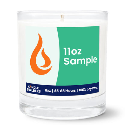 Clear glass candle with a label indicating 11oz sample size on a white background. Sample candle available for you to inspect our quality.