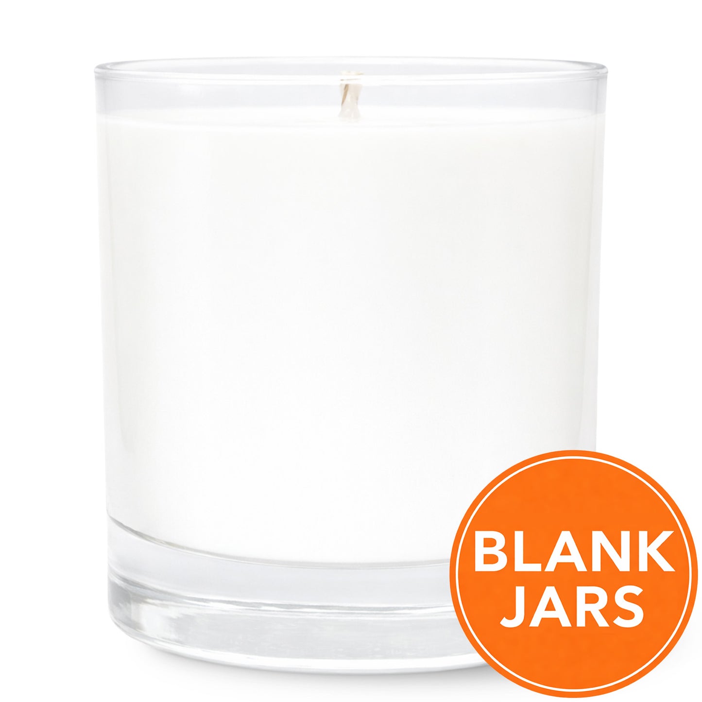 Clear 11oz glass tumbler candle. Show a Blacnk Jar icon on it, indicating this candle is available without any labels on it. 