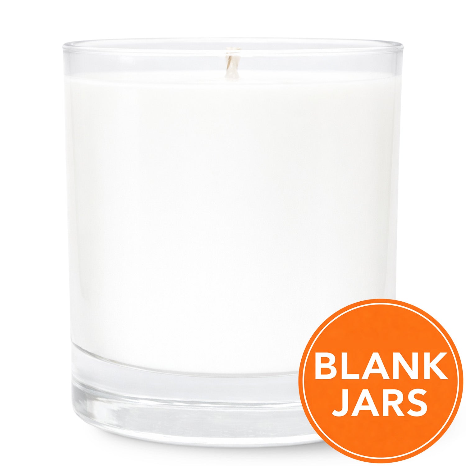 Clear 11oz glass tumbler candle. Show a Blacnk Jar icon on it, indicating this candle is available without any labels on it. 