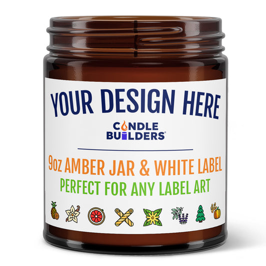 Image of a 9oz amber candle jar with a customizable label showing the full color options. 