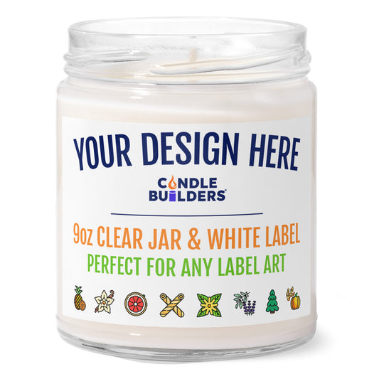 Image of a 9oz clear candle jar with a customizable label showing the full color options. 