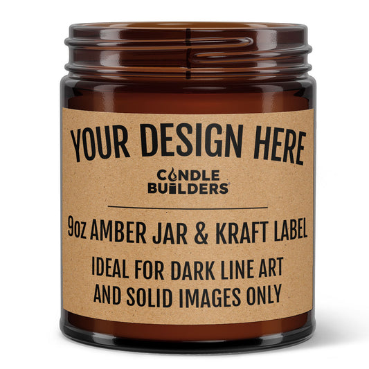 9oz Amber 
Jar Candle with a Kraft Label on it. The image displays how the customizable Kraft label will look when drop shipped to your customer