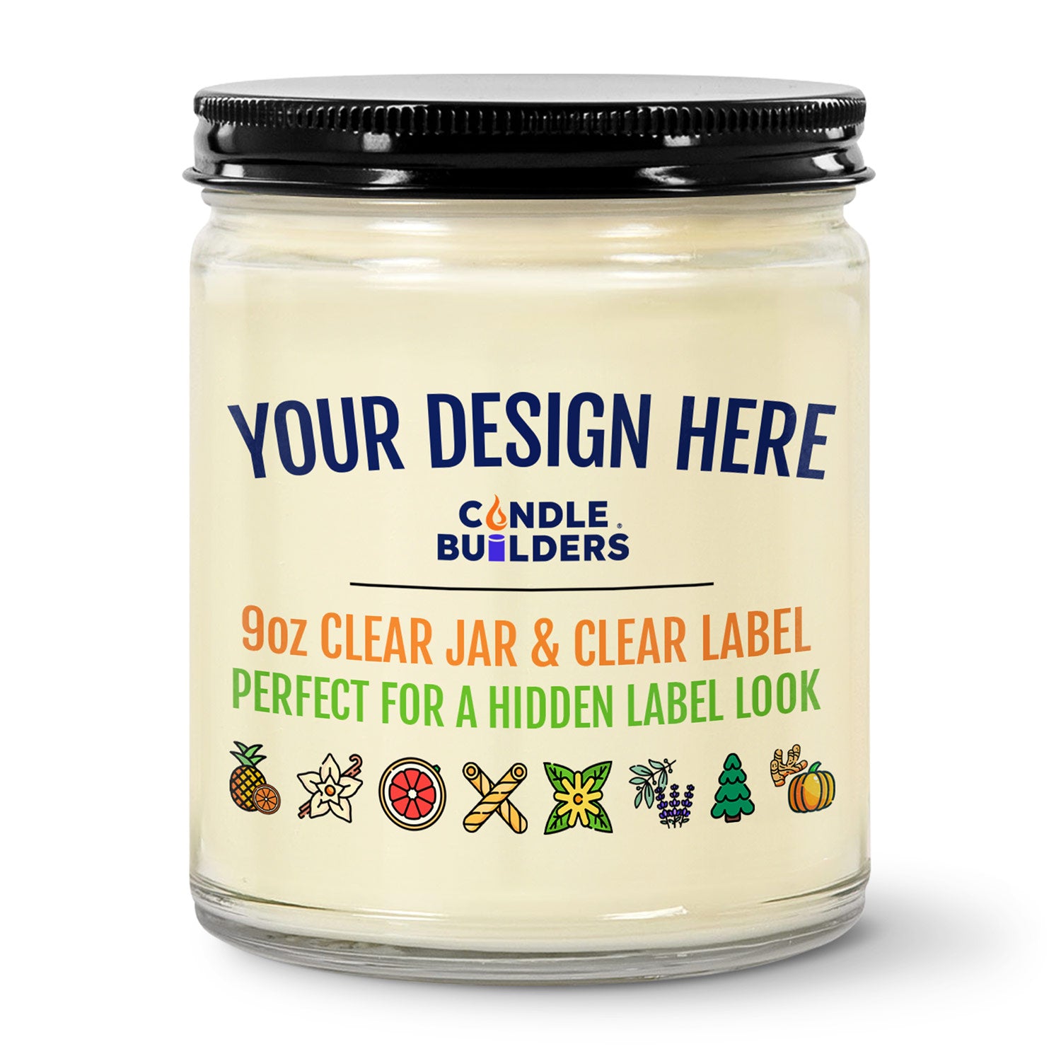 Clear candle jar with black lid on a white background, featuring 'Candle Builders' branding and text.