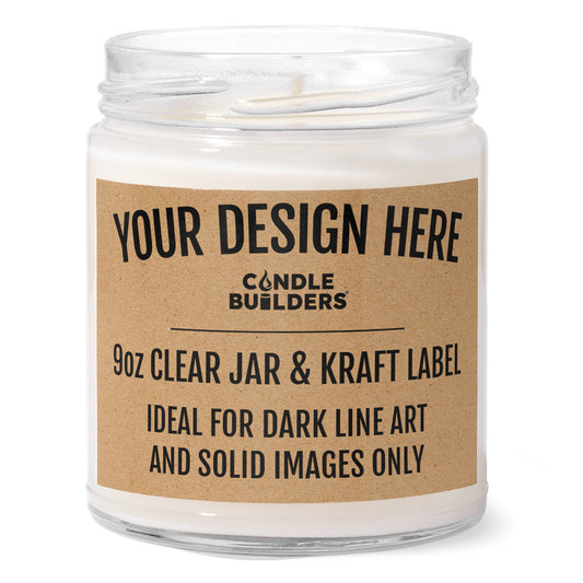 9oz Clear Jar Candle with a Kraft Label on it. The image displays how the customizable Kraft label will look when drop shipped to your customer
