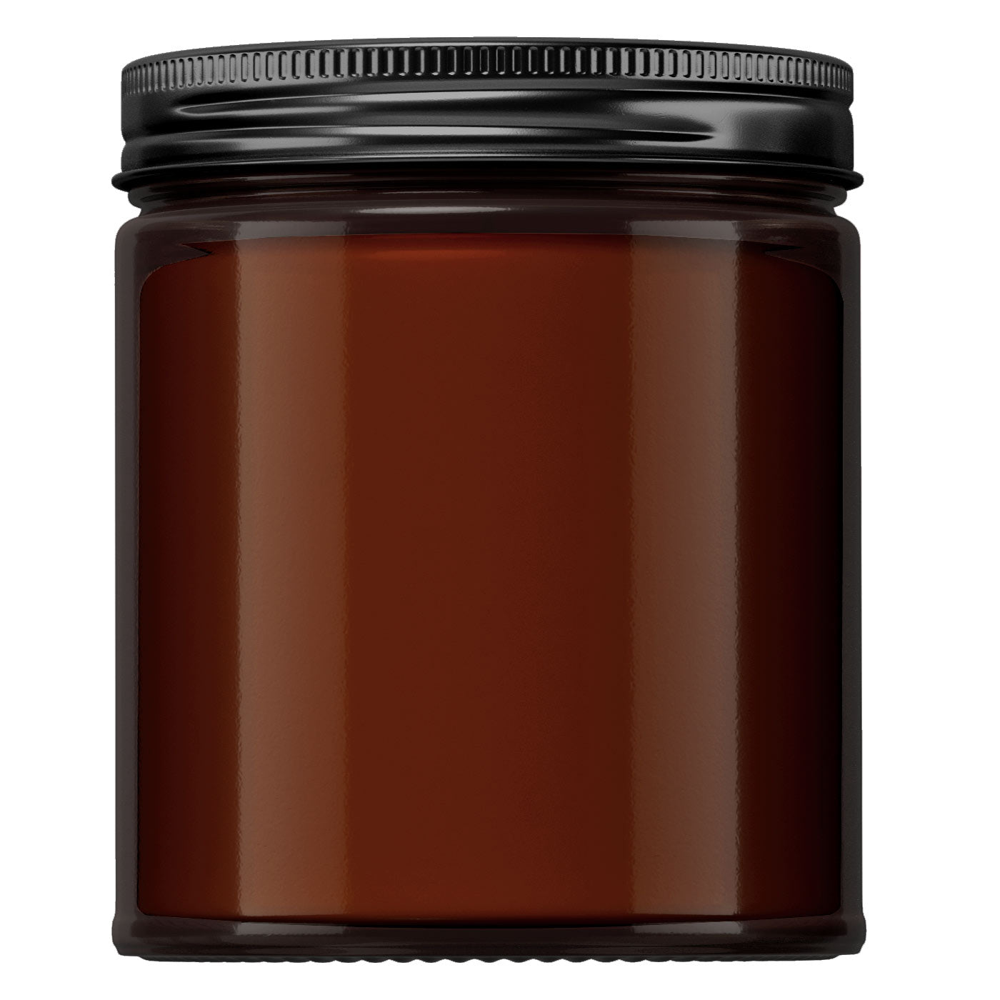 Bulk Wholesale 9oz Jar 100% Soy Hand Poured Candles - Image shows an Amber Jar with a Glass Black Lid.  The wax in the candle is also white for any scent. 
