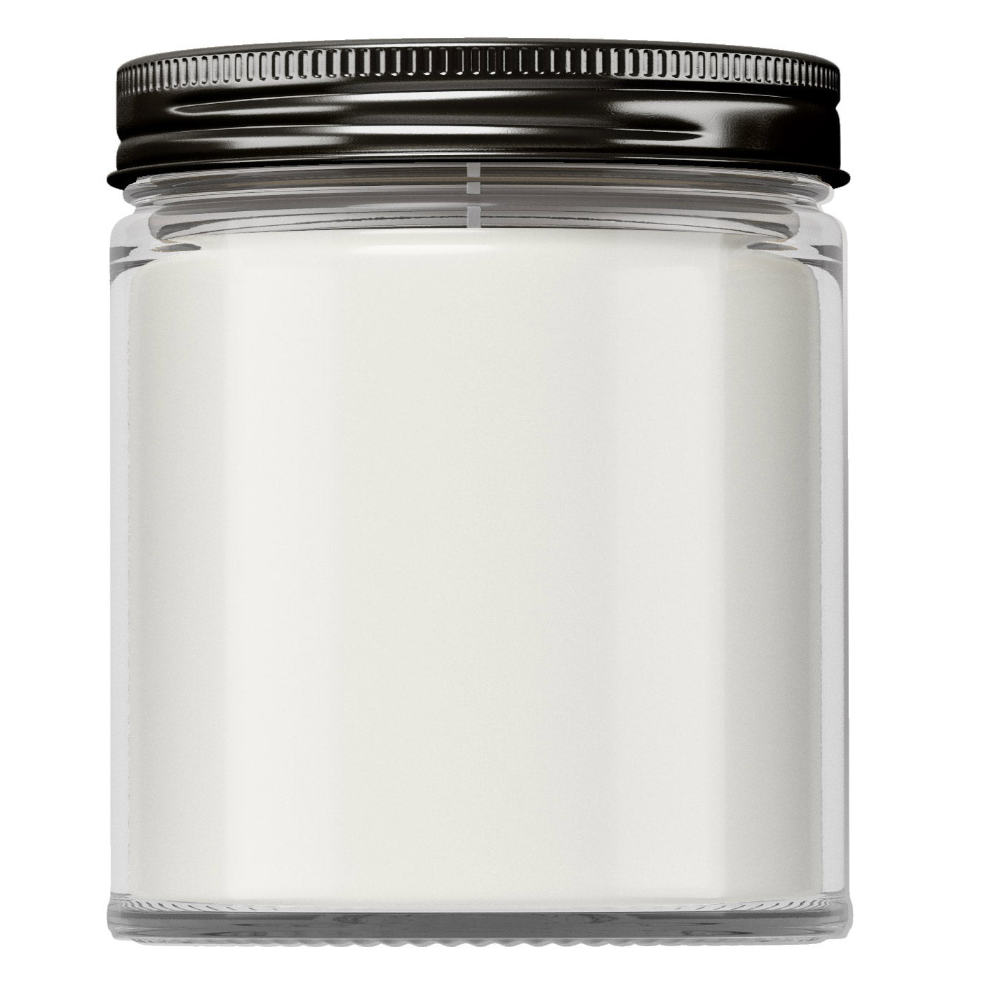 Bulk Wholesale 9oz Jar 100% Soy Hand Poured Candles - Image shows an clear Jar with a gloss black lid.  The wax in the candle is also white for any scent. 
