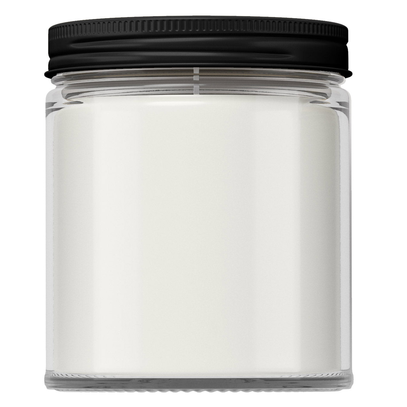 Bulk Wholesale 9oz Jar 100% Soy Hand Poured Candles - Image shows an clear Jar with a matte black lid.  The wax in the candle is also white for any scent. 