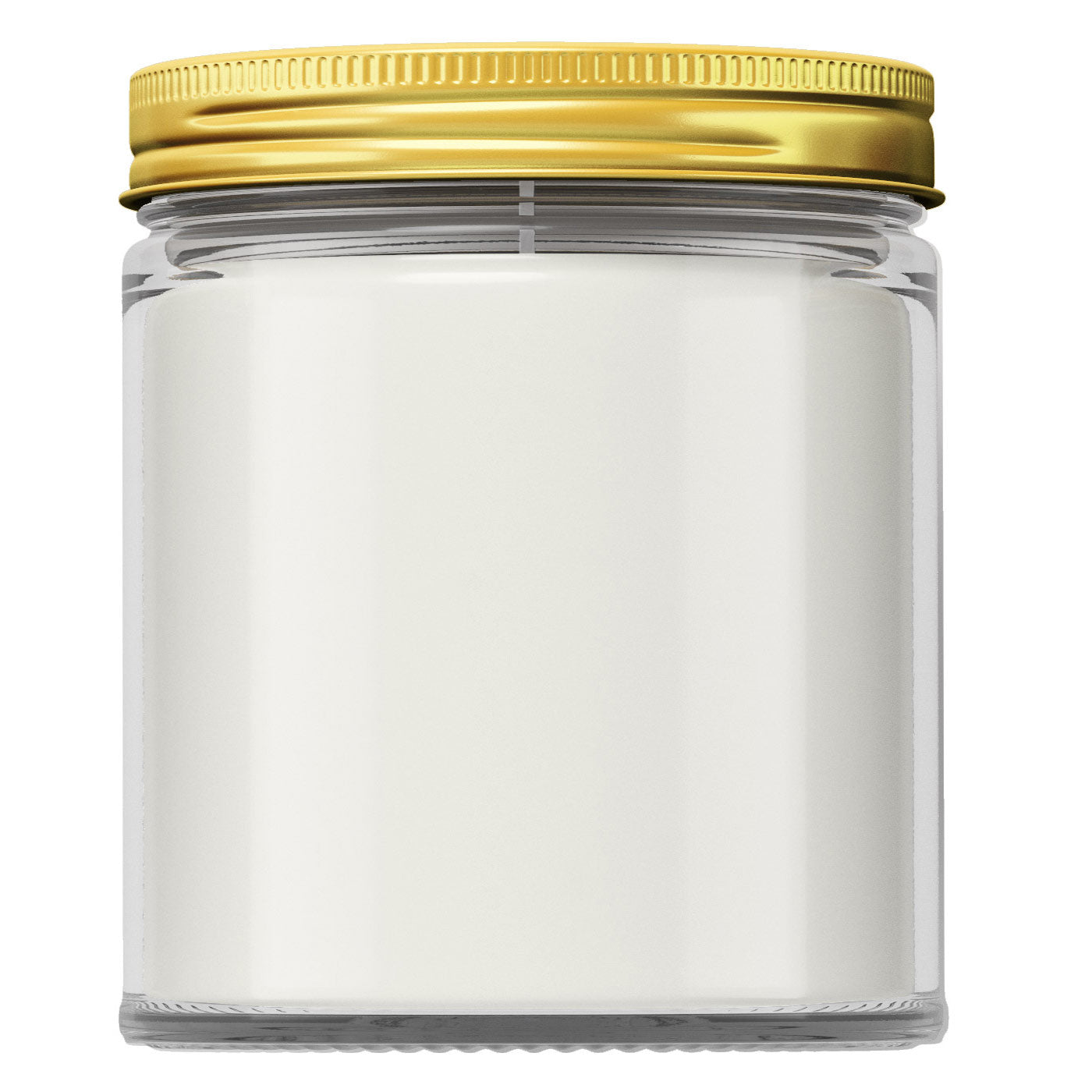 Bulk Wholesale 9oz Jar 100% Soy Hand Poured Candles - Image shows an clear Jar with a gold lid.  The wax in the candle is also white for any scent. 