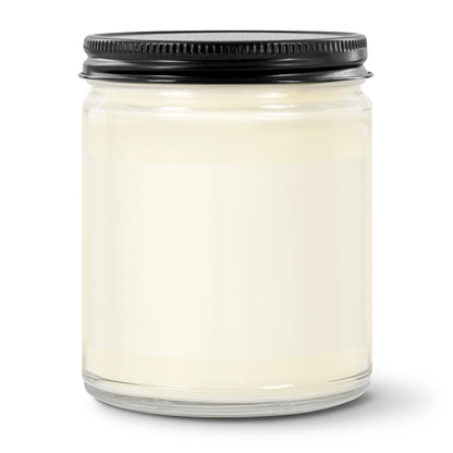 White candle in a glass jar with a black lid on a white background