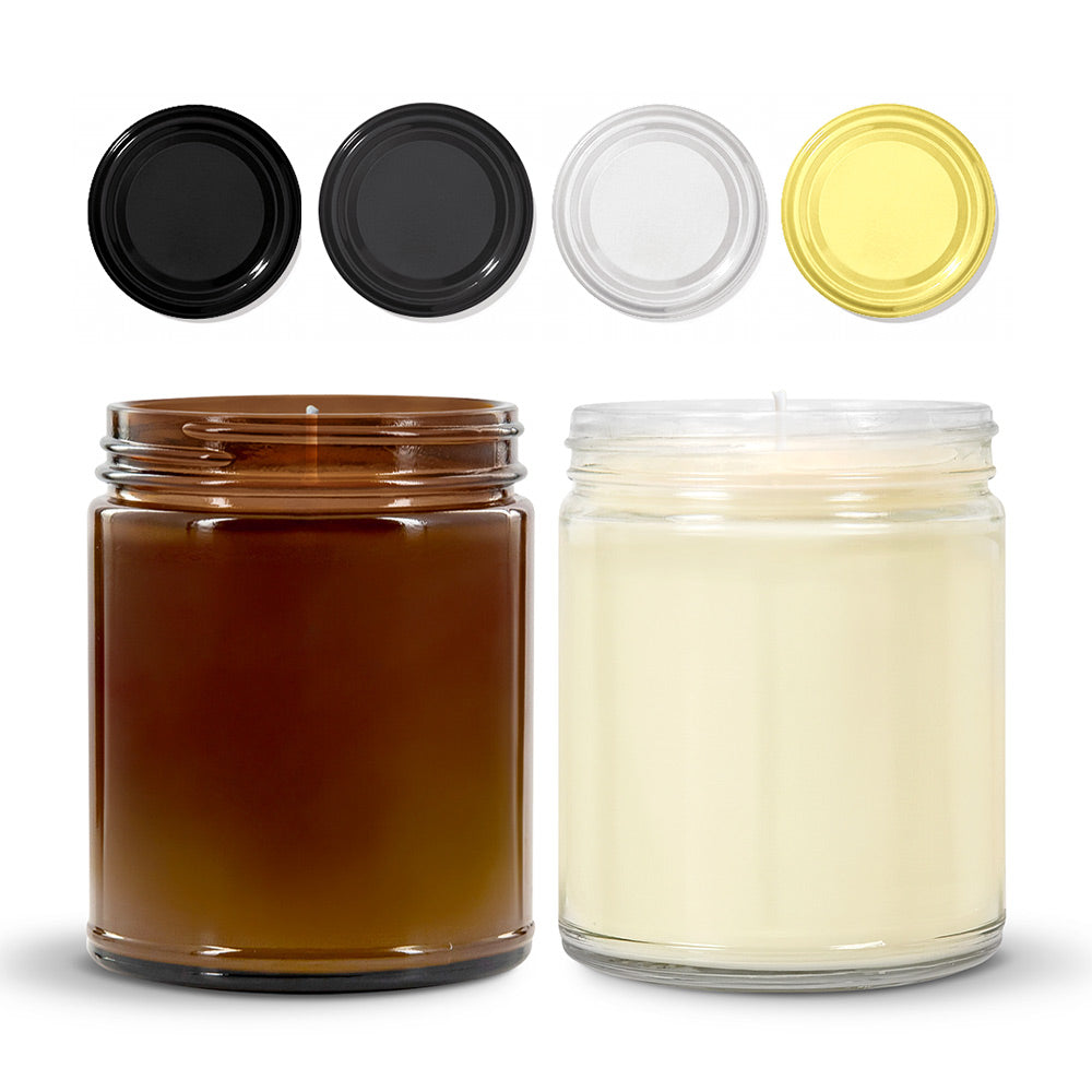 Bulk Wholesale Candles & Lids. Shows the Amber Jar, Clear Jar, and 4 lid colors. Black, Black Matte, White, and Gold. 