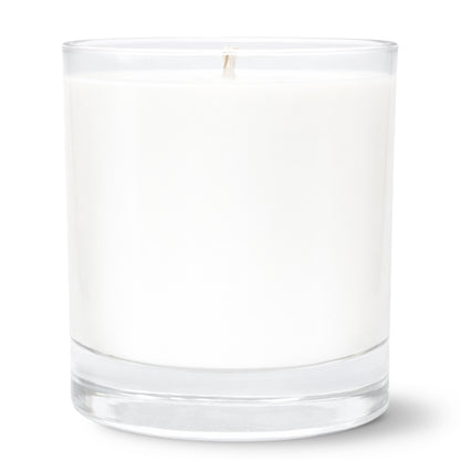 11oz Clear glass tumbler candle on white background. Candle doubles as a ricks glass for whiskey or bourbon and has a thick base.
