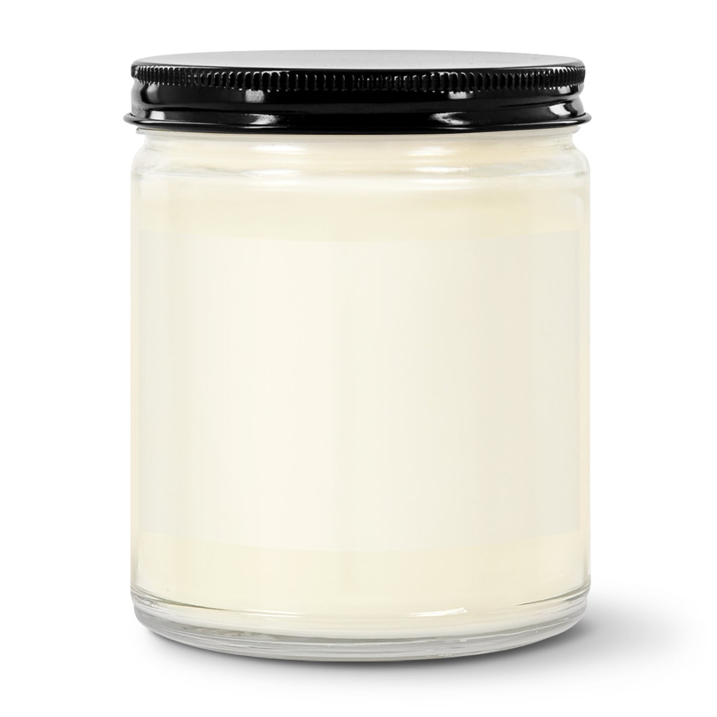 White candle in a glass jar with a black lid on a white background
