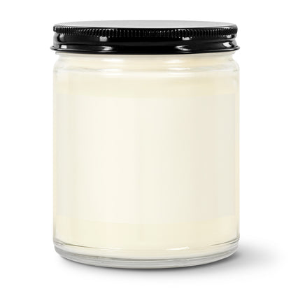 White candle in a glass jar with a black lid on a white background