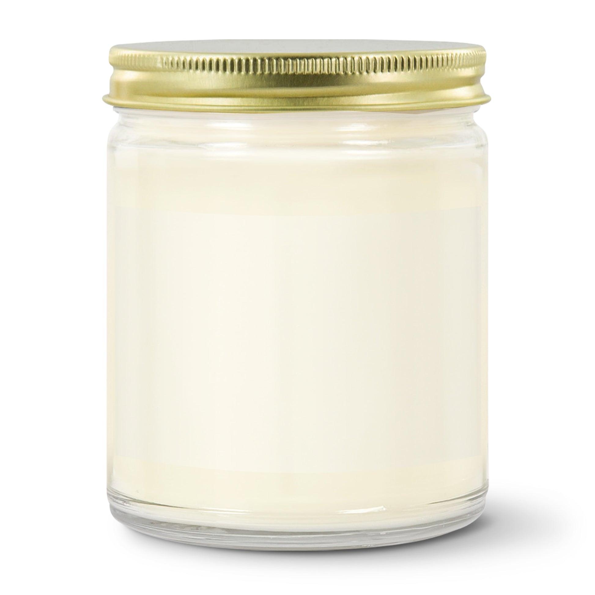 Glass jar with a gold lid on a white background