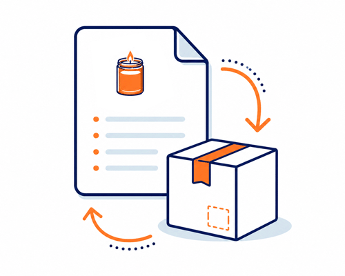 Flat vector illustration of a document with a candle icon and an orange arrow pointing to a white package with an orange tape strip, on a light gray background.