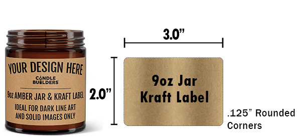 Image showing a 9oz candle jar with the specs for a kraft label size 2"x3"