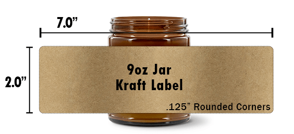 Image showing a 9oz candle jar with the specs for a kraft label size 2"x7"