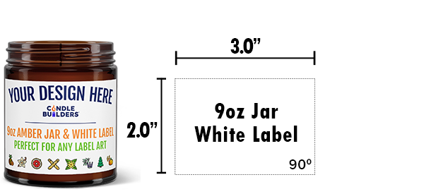 Image showing a 9oz candle jar with the specs for a custom label that can be printed on it. 