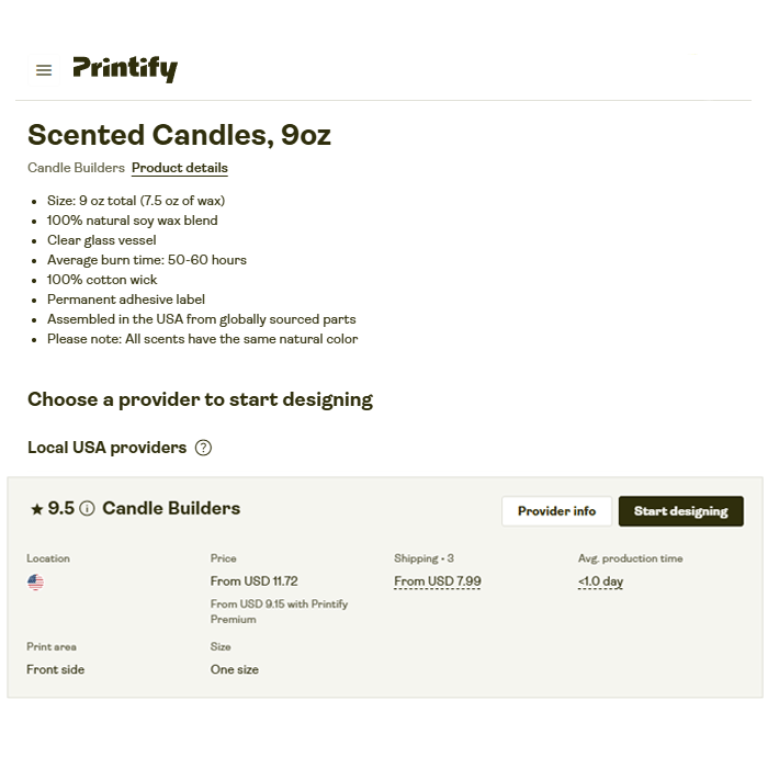 Printify showing a 9.5 out of 10 score rating for Candle Builders drop shipping candles for their customers