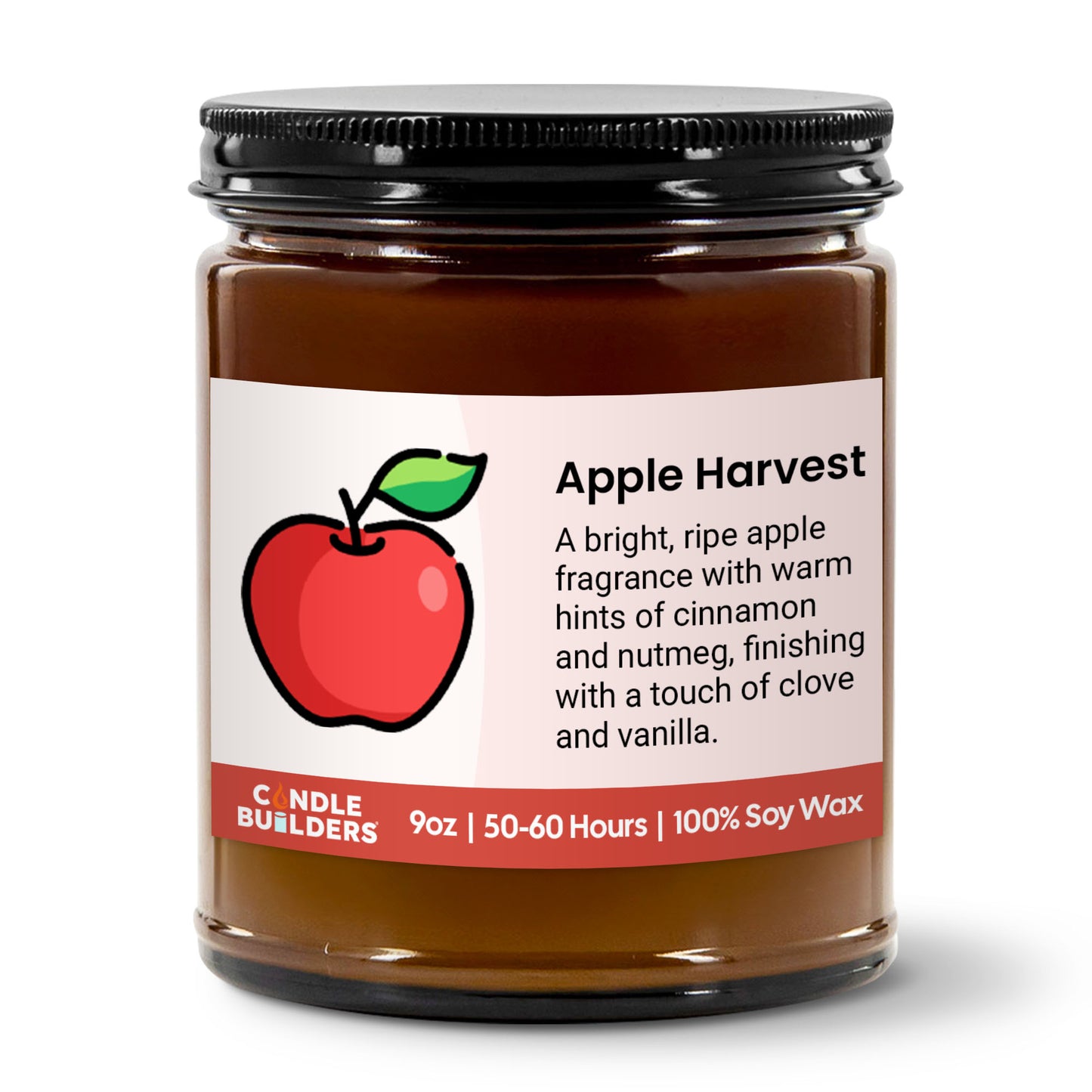 Jar of 'Apple Harvest' candle with a label on a white background