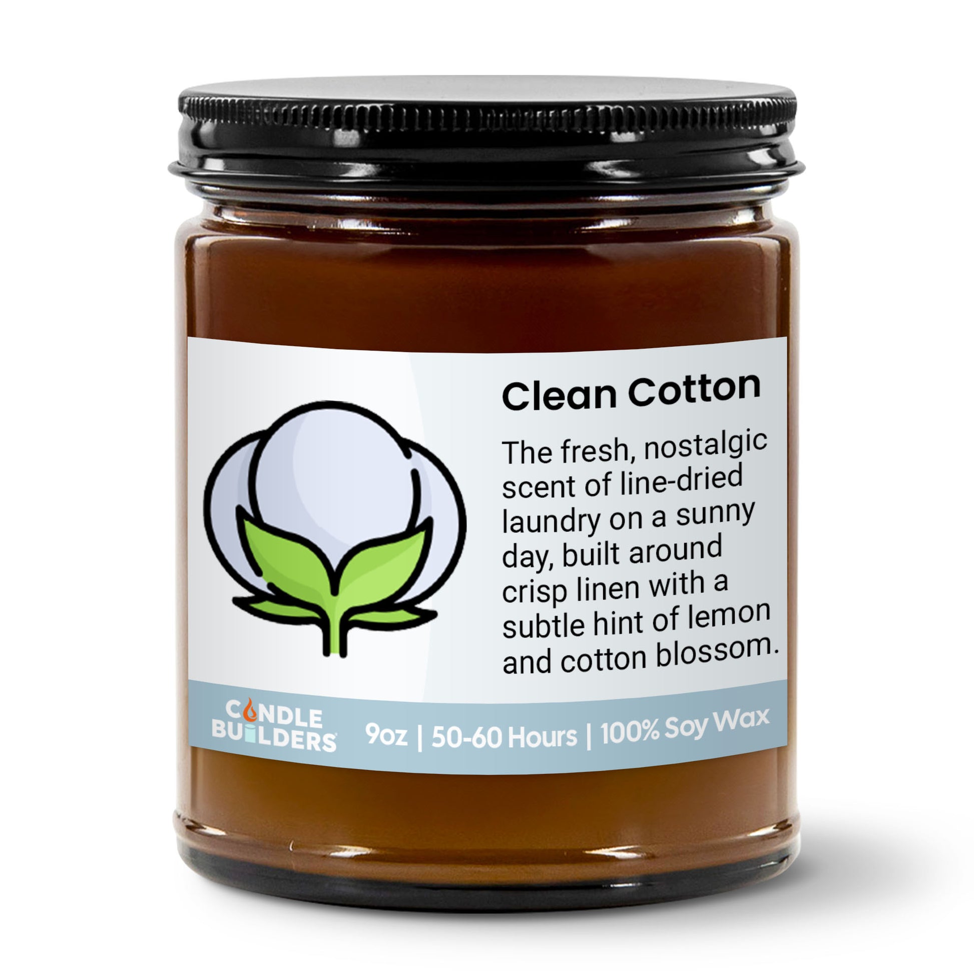 Jar of candle labeled 'Clean Cotton' with a white background